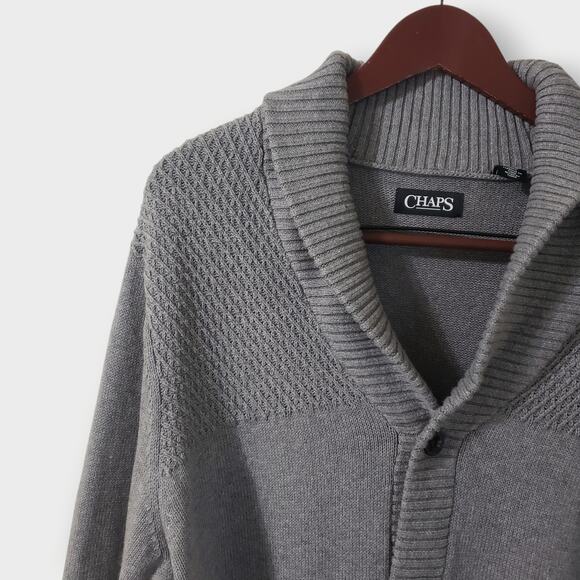 Chaps Mens Shawl Collar Cardigan Gray Sz Lg Grandpa 90s Fisherman Mister Rogers - Picture 2 of 12